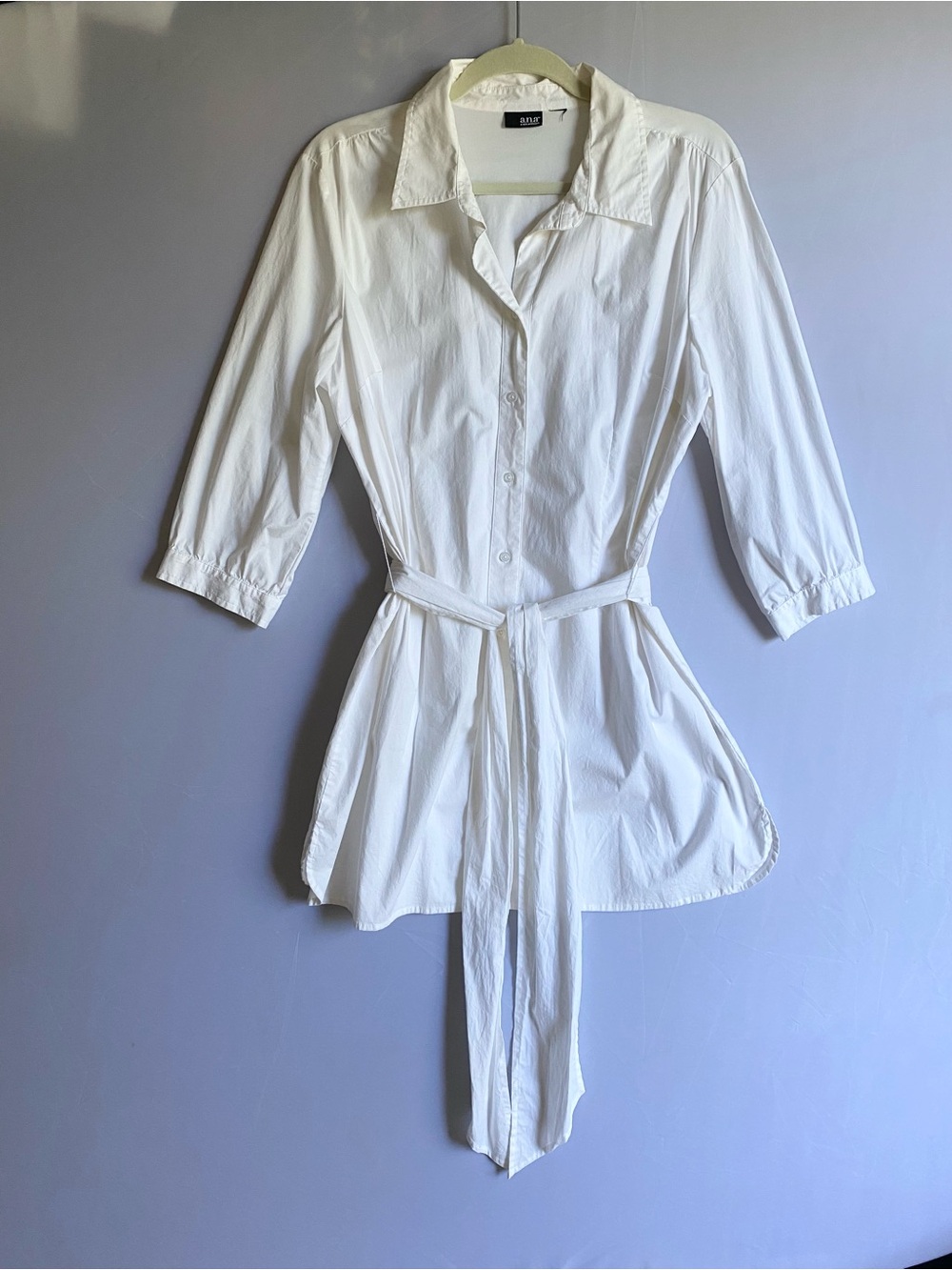 a.n.a White Collared Button Up Belted Tunic/Dress Cotton/Spandex Blend